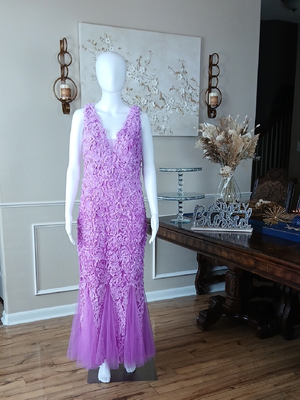Women's Lavender Pink Floral Appliqué Formal Mesh Mermaid Floor Length Gown. XL